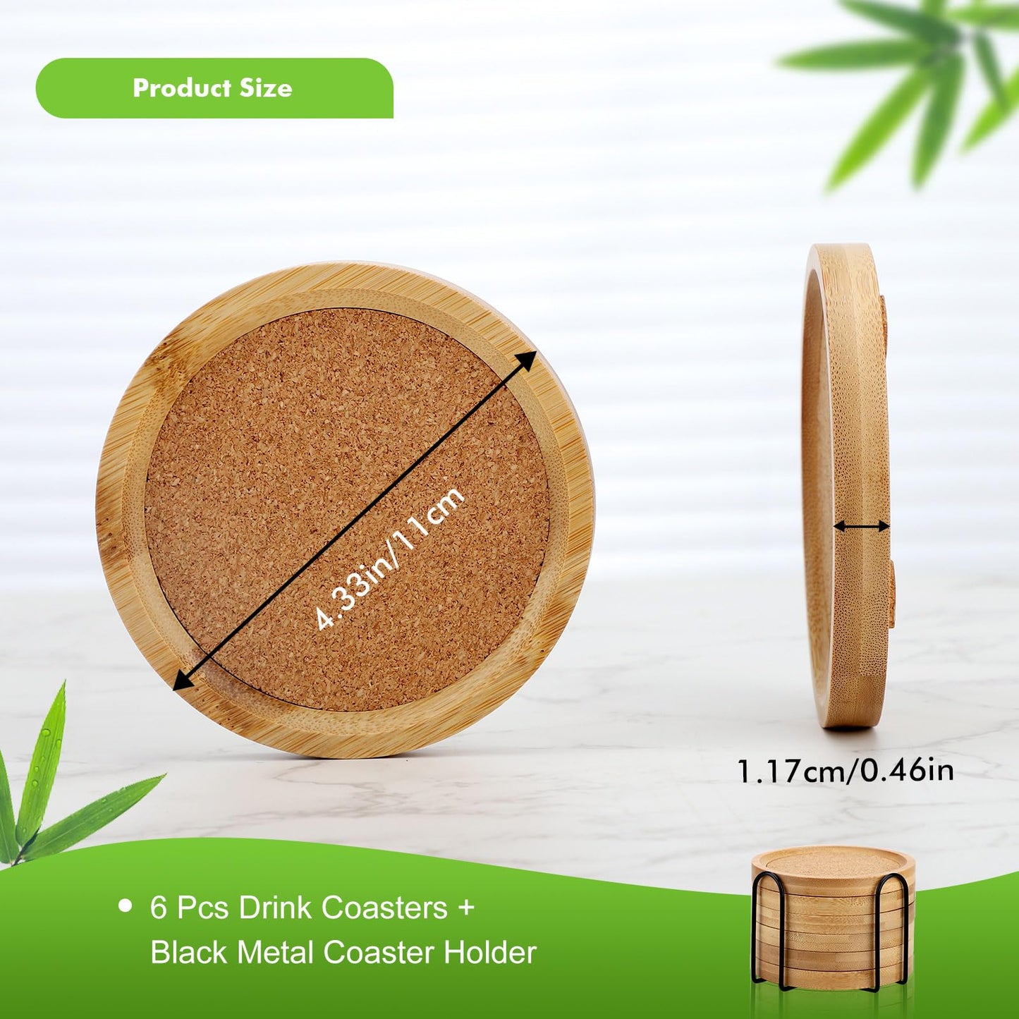 Bamboo Cork Coasters for Drinks Absorbent with Holder Set of 6