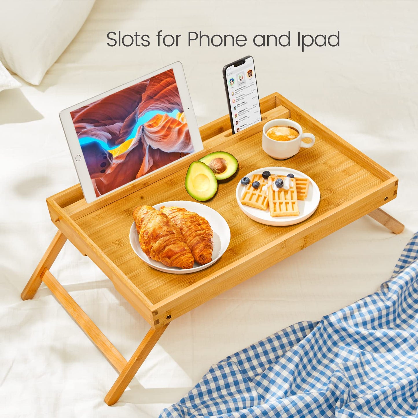 Bamboo Bed Tray Table with Foldable Legs, Breakfast Tray for Sofa, Bed, Eating, Working, Used As Laptop Desk Snack Tray by Pipishell