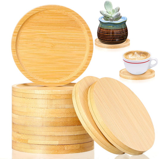 Patelai 10 Pcs Round Bamboo Coasters for Planters Small Plant Saucer 3.74 Inch Bamboo Planter Drink Saucer Trays