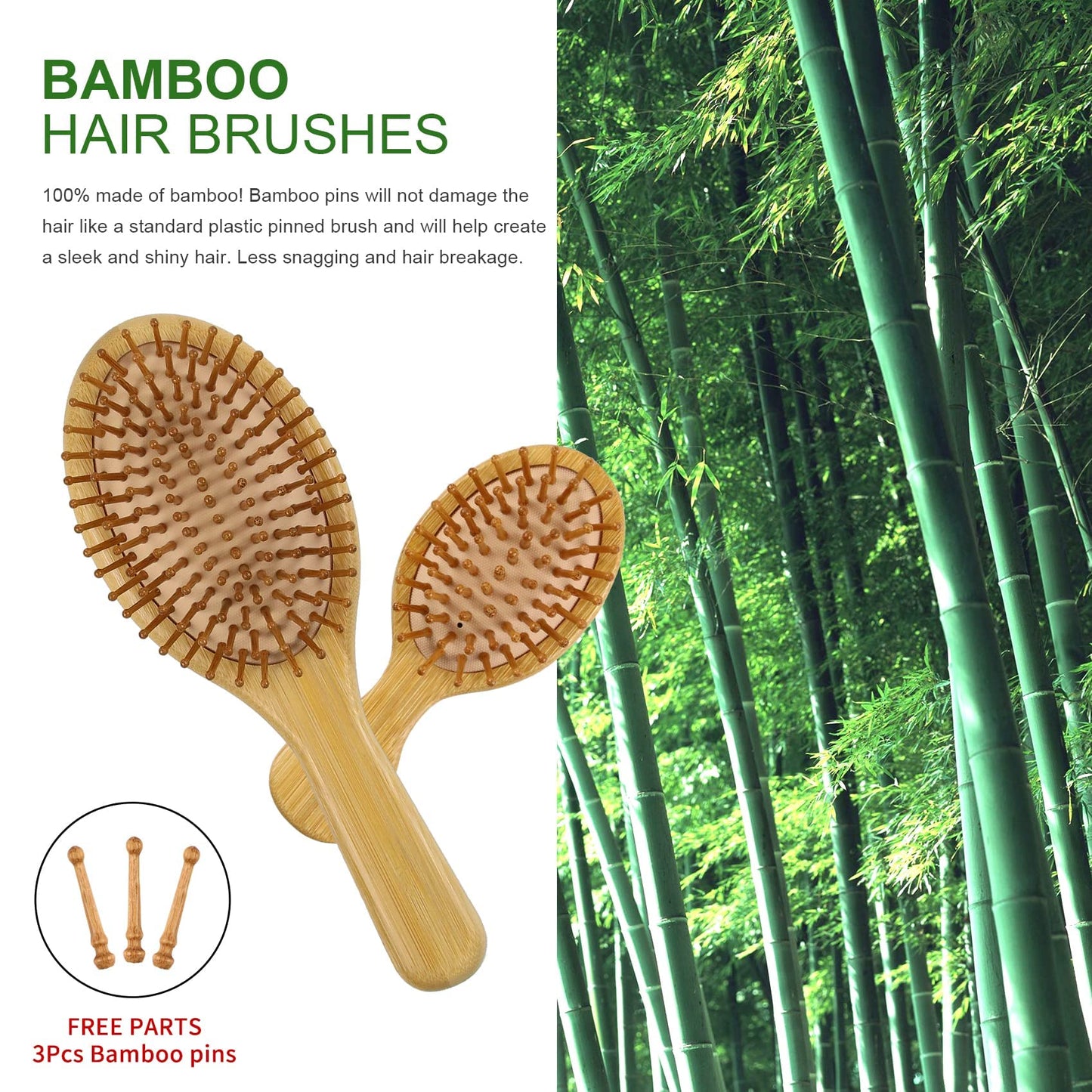 MRD Hair Brush Set, Natural Bamboo Comb Paddle Detangling Hairbrush, Wide-tooth and tail comb No Bristle