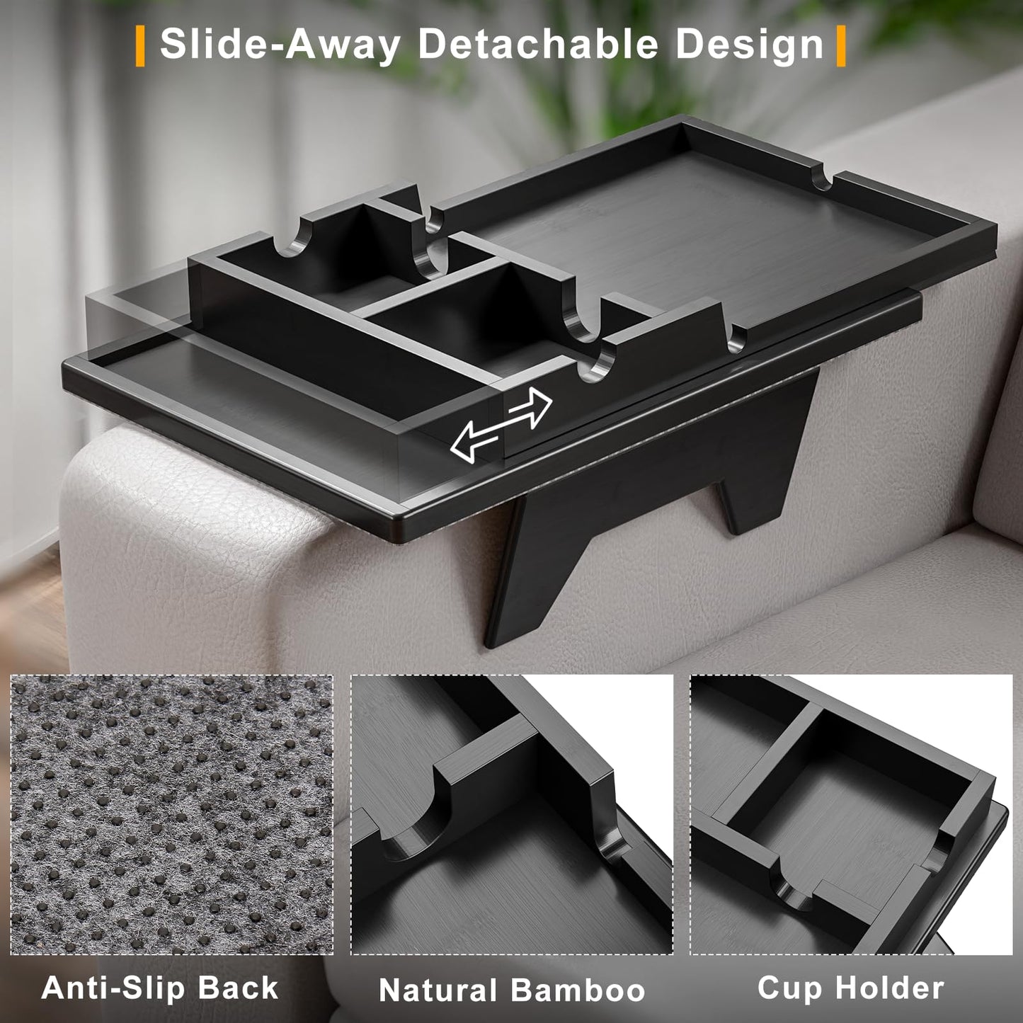 Bamboo Couch Cup Holder - Sofa Clip on Side Table for Wide Couches Arm - 2 in 1 Couch Arm Table with Slide-Away Detachable Cup Holder Tray - Couch Arm Tray for Drinking Snacks iPad TV Remote