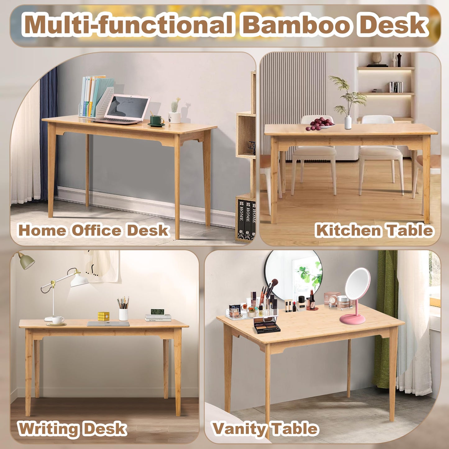 DOUSY- Small Bamboo Computer Desk Study Desk Home Office Desk Writing Table, Modern Study 27.5" Solid Multipurpose Table, for Living Room, Bedroom, Make Up, Natual Color