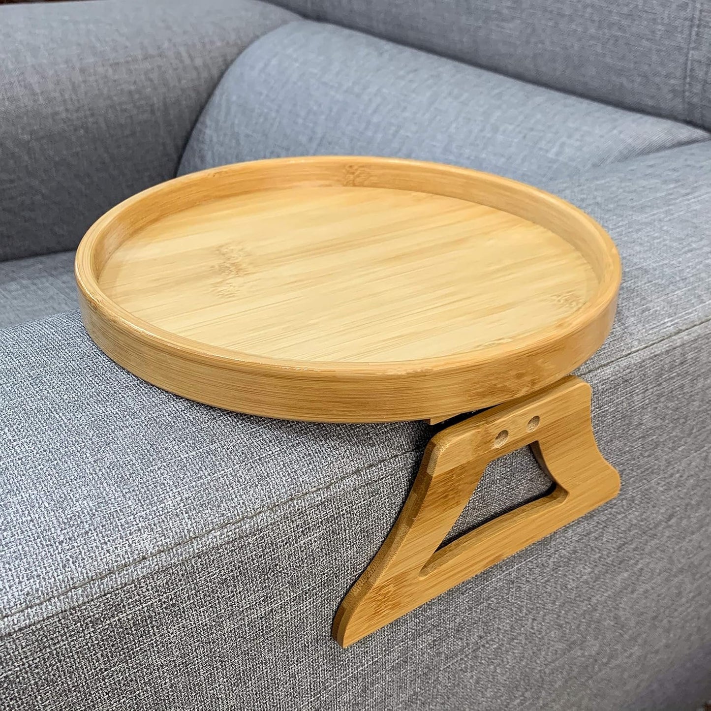 Xchouxer Side Tables Natural Bamboo Sofa Armrest Clip-On Tray, Ideal for Remote/Drinks/Phone (Round)